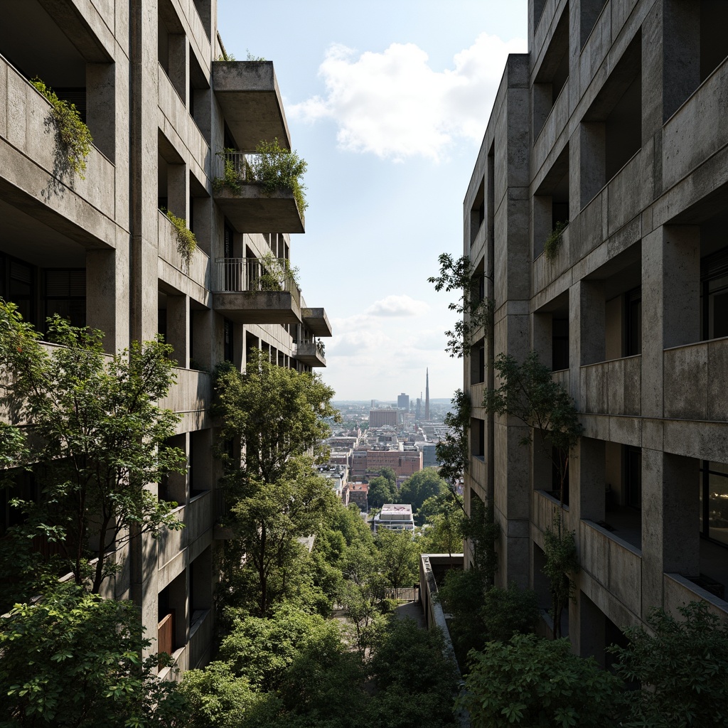 Prompt: Rugged brutalist buildings, raw concrete textures, fortress-like structures, overgrown vegetation, wildflowers, moss-covered walls, weathered steel beams, industrial materials, urban landscape integration, cityscape views, elevated walkways, cantilevered sections, dramatic shadows, harsh natural light, 1/1 composition, symmetrical framing, high-contrast lighting, gritty realistic textures, ambient occlusion.