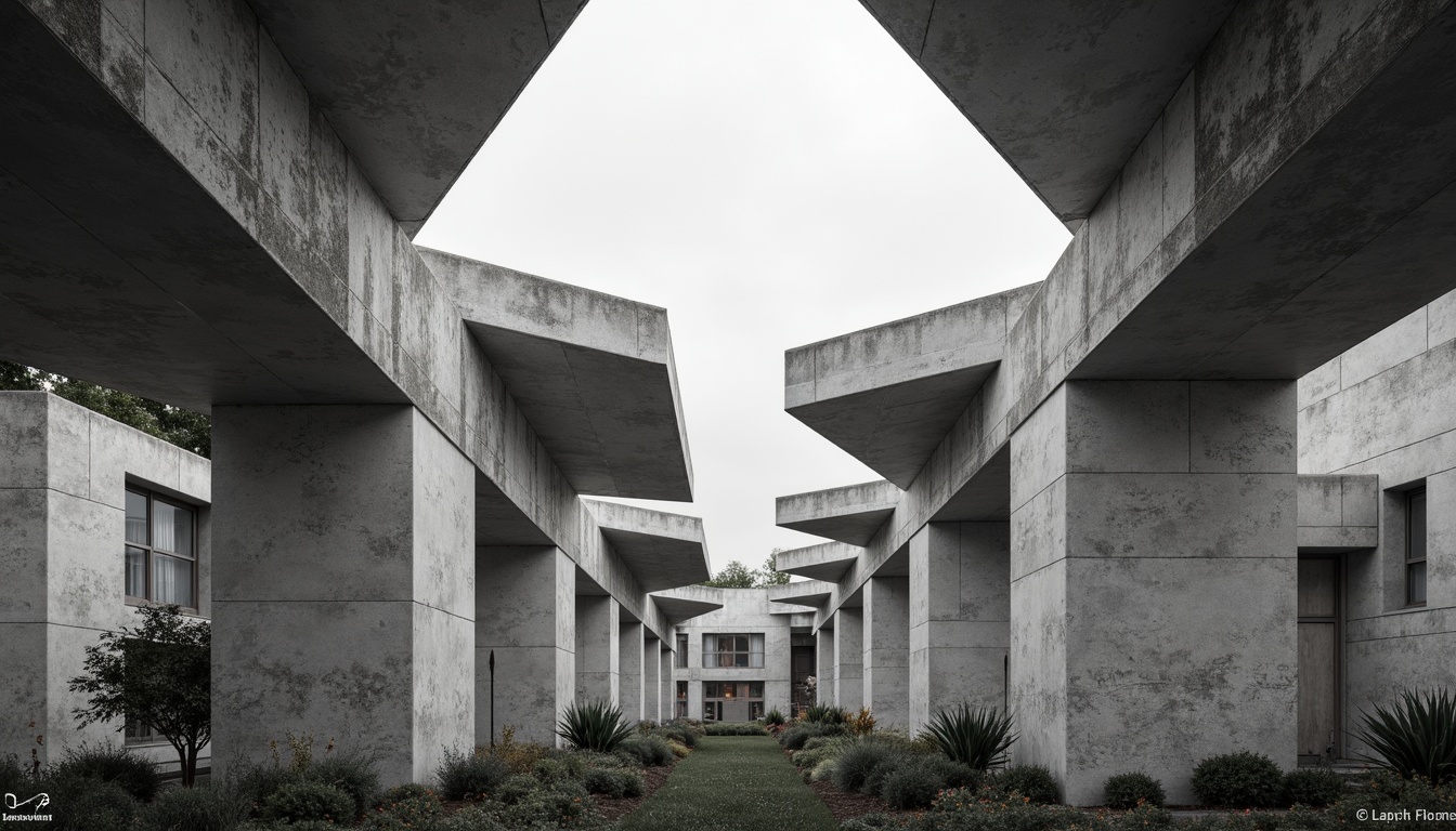 Prompt: Exposed concrete structures, industrial chic aesthetic, raw unfinished textures, brutalist architecture, functional simplicity, minimalist ornamentation, honest material expression, cantilevered roofs, angular lines, monochromatic color scheme, natural light pouring in, dramatic shadows, 3/4 composition, shallow depth of field, realistic renderings, ambient occlusion.