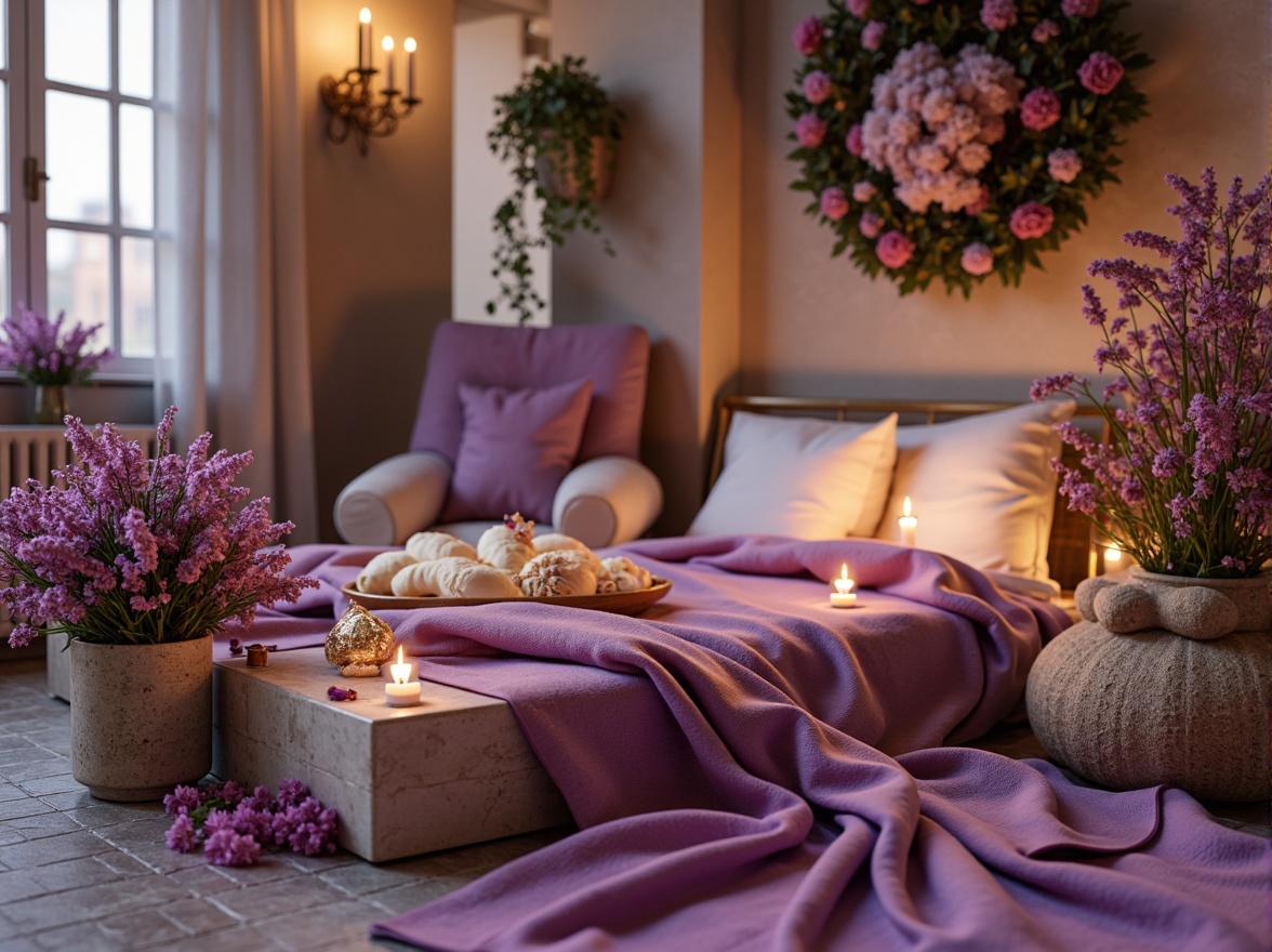 Prompt: Vibrant heliotrope tones, rich berry hues, soft lavender shades, warm beige accents, creamy whites, subtle golden undertones, natural stone textures, organic earthy materials, whimsical floral patterns, delicate lace details, romantic candlelit ambiance, soft focus, shallow depth of field, 1/1 composition, intimate close-up shots, realistic fabric simulations.