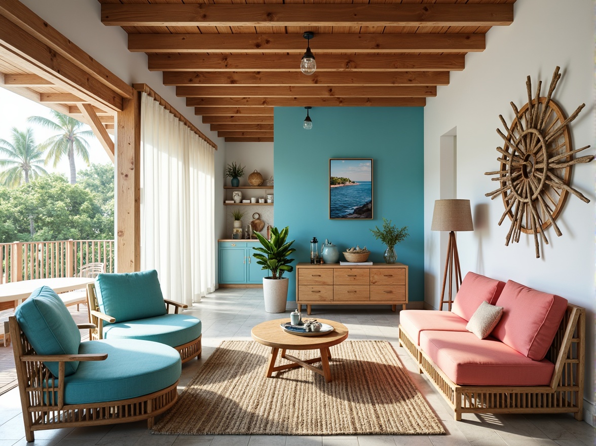 Prompt: Vibrant beach hostel, ocean-inspired color scheme, calming blues, soothing whites, warm sandy neutrals, coral pink accents, natural wood textures, woven rattan furniture, nautical rope details, driftwood decorations, seaside-inspired artwork, refreshing coastal atmosphere, soft warm lighting, shallow depth of field, 1/1 composition, realistic textures, ambient occlusion.