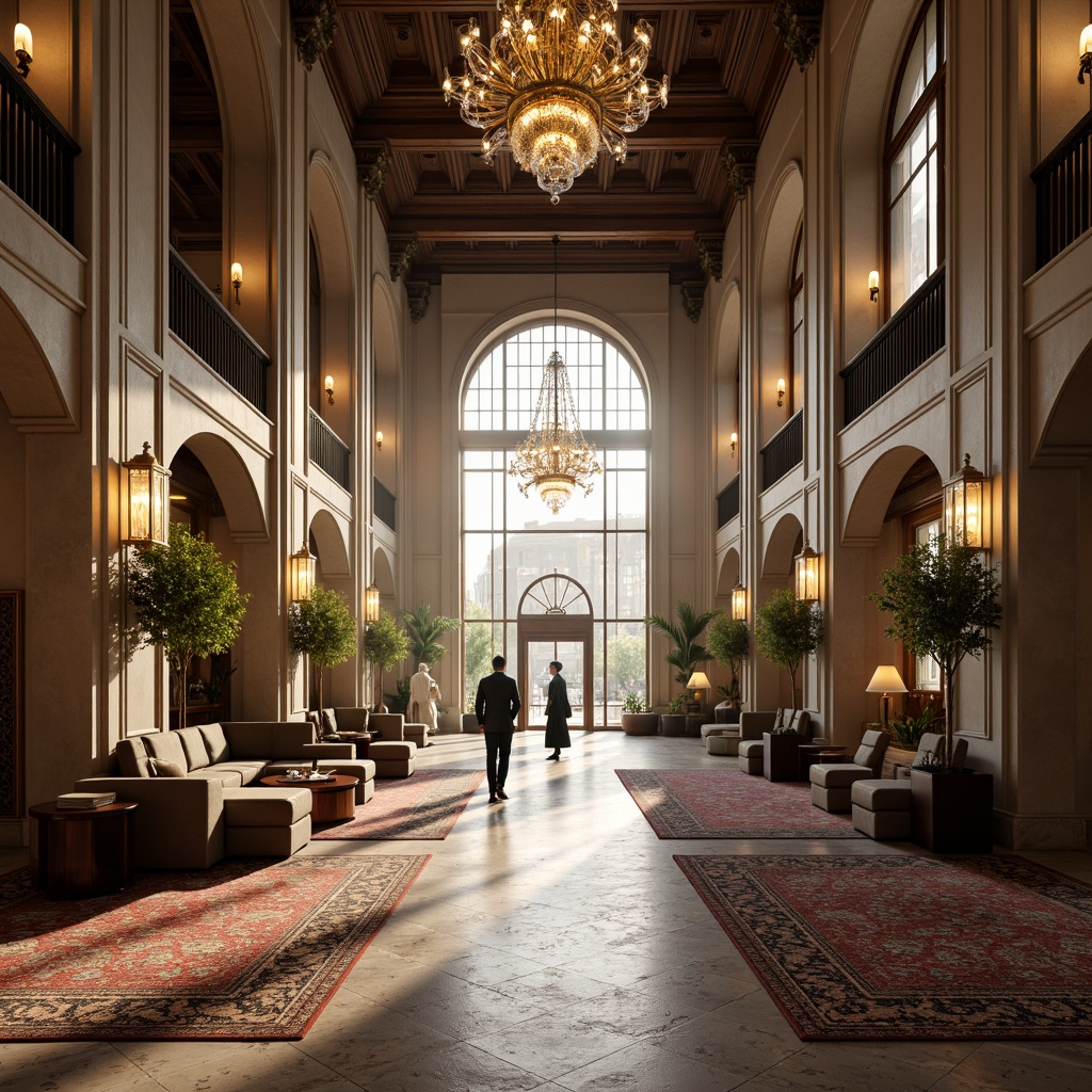 Prompt: Grand Byzantine hotel lobby, ornate chandeliers, marble floors, intricately patterned rugs, lavish furnishings, golden accents, high ceilings, large windows, natural light pouring in, warm ambiance, soft shadows, subtle color palette, elegant archways, refined columns, luxurious textiles, plush seating areas, tranquil atmosphere, morning sunlight, gentle glow, 1/1 composition, shallow depth of field, realistic textures, ambient occlusion.