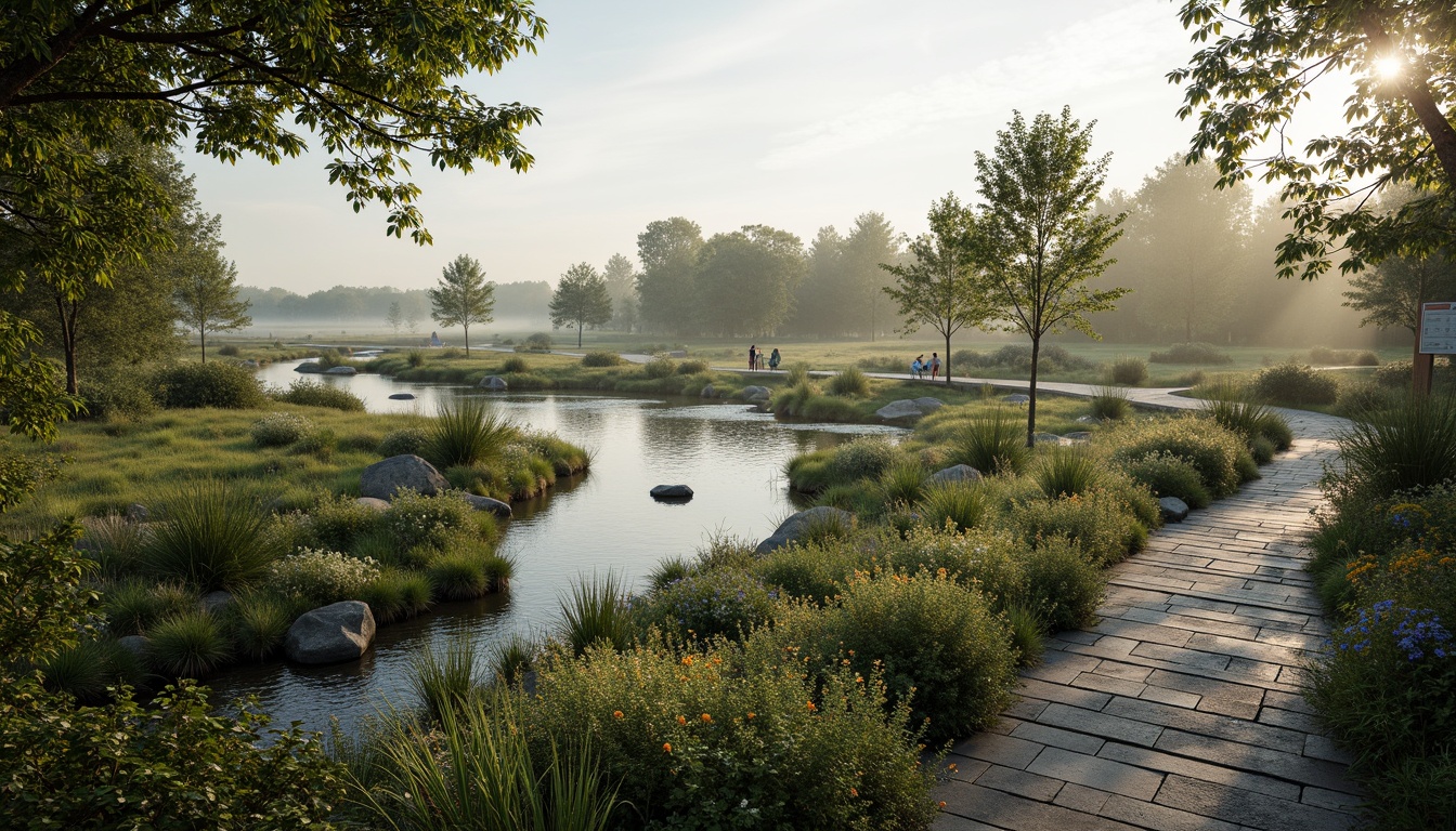 Prompt: Serene wetland landscape, lush vegetation, tranquil water bodies, winding streams, natural stone pathways, wooden boardwalks, observation decks, bird-watching stations, educational signs, native plant species, vibrant wildflowers, soft misty atmosphere, warm sunlight filtering through trees, shallow depth of field, 3/4 composition, panoramic view, realistic textures, ambient occlusion.