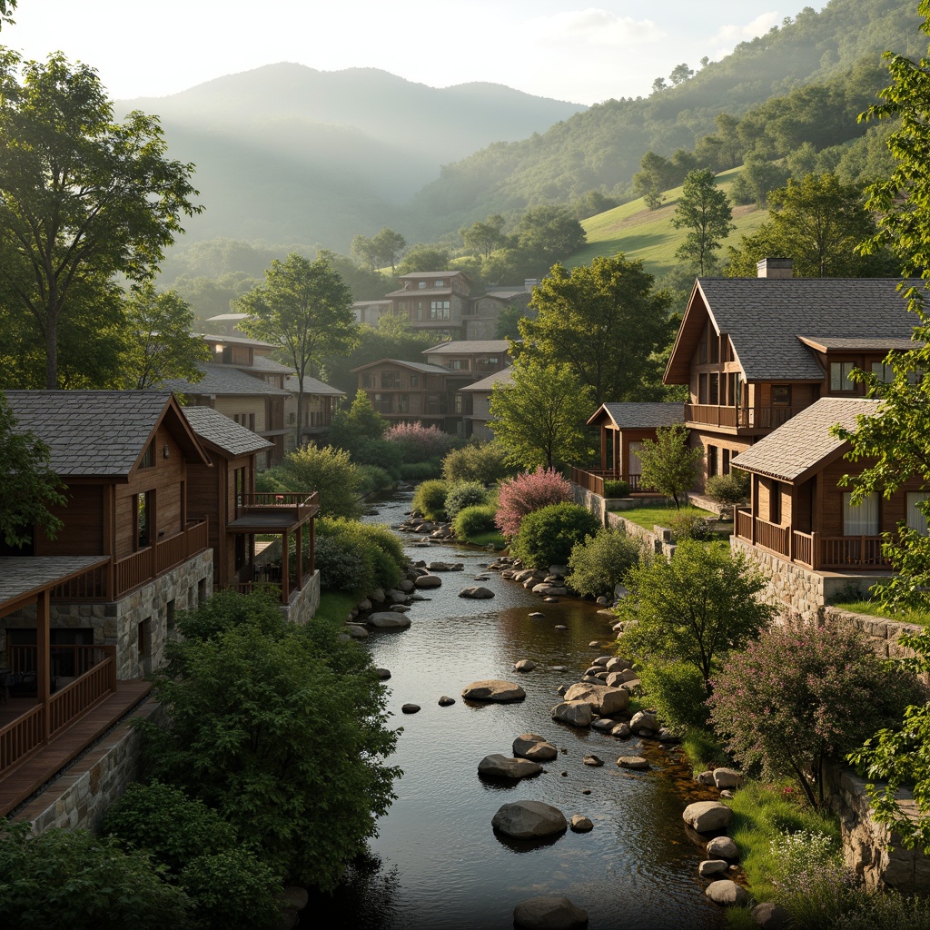 Prompt: Rustic village, rolling hills, lush greenery, meandering streams, traditional vernacular architecture, earthy tones, natural stone walls, wooden accents, curved lines, organic forms, blending with surroundings, seamless integration, harmonious coexistence, soft warm lighting, misty atmosphere, shallow depth of field, 1/1 composition, realistic textures, ambient occlusion.