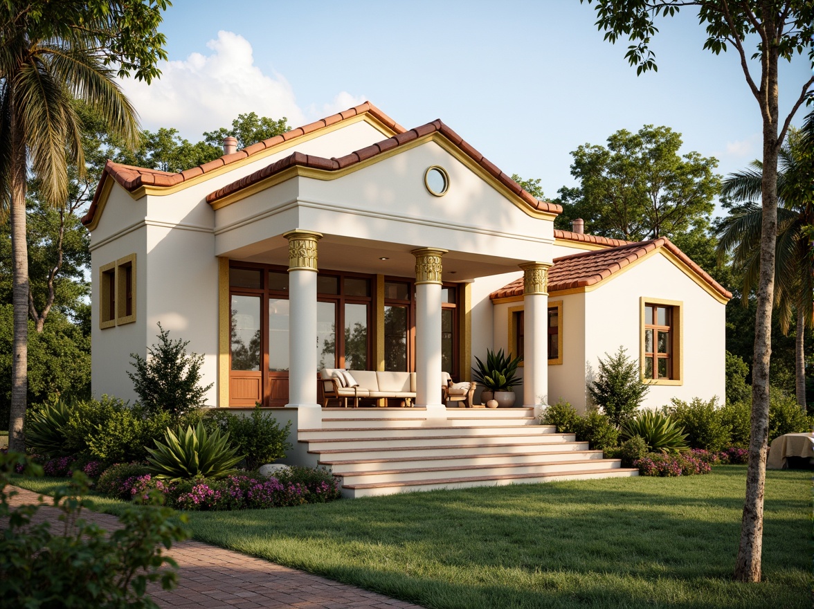 Prompt: Elegant classicism style house, soft cream facade, warm beige columns, ornate golden details, rich brown wooden doors, subtle terracotta roof tiles, lush greenery surroundings, vibrant blooming flowers, serene natural ambiance, warm sunny day, soft diffused lighting, shallow depth of field, 3/4 composition, realistic textures, ambient occlusion.