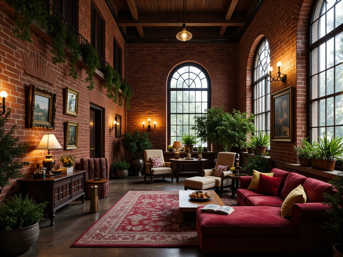 Prompt: Exposed brick walls, distressed wooden beams, industrial metal frames, vintage decorative windows, ornate ironwork balconies, soft warm lighting, cozy intimate atmosphere, eclectic mix of antique and modern furniture, plush velvet textiles, rich jewel-toned color palette, lush greenery, overflowing flower boxes, rustic wooden shutters, aged copper accents, dramatic high ceilings, open-plan living spaces, minimalist decor, romantic candelabras, warm golden lighting, shallow depth of field, 1/1 composition, realistic textures, ambient occlusion.