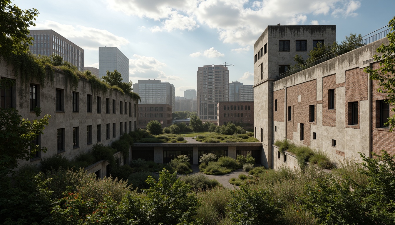 Prompt: Rugged brutalist buildings, raw concrete textures, fortress-like structures, overgrown vegetation, wildflowers, moss-covered walls, weathered steel beams, industrial materials, urban landscape integration, cityscape views, elevated walkways, cantilevered sections, dramatic shadows, harsh natural light, 1/1 composition, symmetrical framing, high-contrast lighting, gritty realistic textures, ambient occlusion.