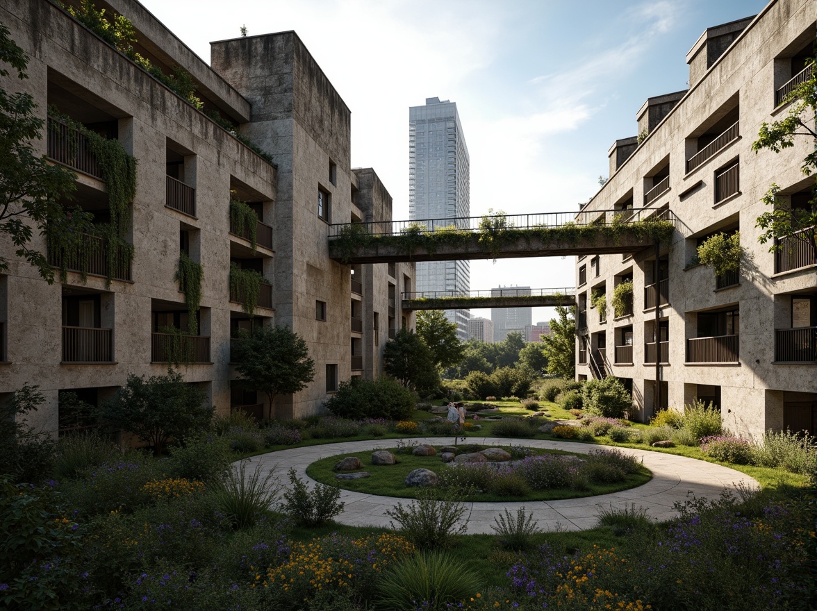 Prompt: Rugged brutalist buildings, raw concrete textures, fortress-like structures, overgrown vegetation, wildflowers, moss-covered walls, weathered steel beams, industrial materials, urban landscape integration, cityscape views, elevated walkways, cantilevered sections, dramatic shadows, harsh natural light, 1/1 composition, symmetrical framing, high-contrast colors, gritty realistic textures, ambient occlusion.