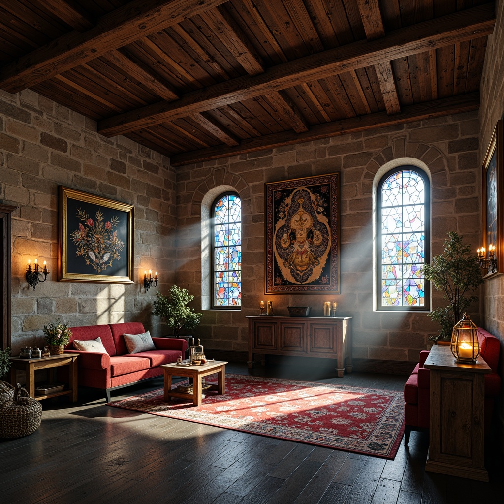 Prompt: Rustic barn, Byzantine architecture, distressed wood textures, weathered stone walls, ornate metal accents, intricate mosaics, vibrant stained glass windows, rich velvet fabrics, luxurious golden ornaments, warm candlelight, soft misty atmosphere, shallow depth of field, 1/1 composition, realistic reflections, ambient occlusion.