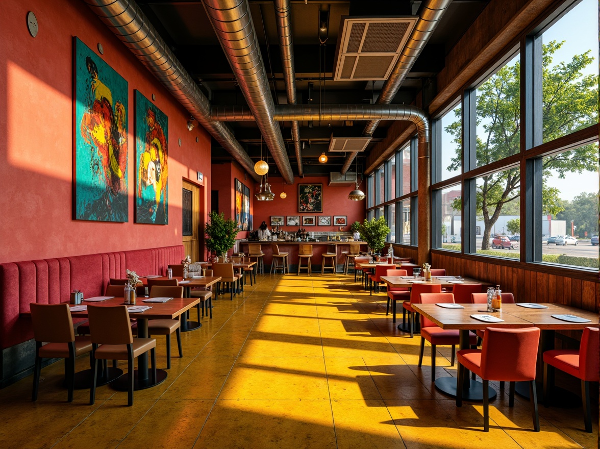 Prompt: Vibrant restaurant interior, expressionist art style, bold color palette, warm golden lighting, rich wood accents, eclectic furniture, abstract artwork, geometric patterns, bright coral walls, deep turquoise ceilings, sunny yellow floors, distressed metal decorations, reclaimed wood textures, industrial chic atmosphere, dramatic shadows, high contrast ratio, 1/2 composition, cinematic lighting, realistic reflections.