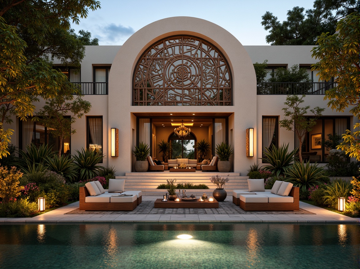 Prompt: Luxurious villa, Art Deco style, ornate metalwork, curved lines, geometric patterns, lavish furnishings, plush outdoor seating, vibrant tropical plants, exotic flowers, tranquil water features, sparkling fountains, warm golden lighting, soft evening ambiance, shallow depth of field, 1/1 composition, symmetrical framing, realistic textures, ambient occlusion.