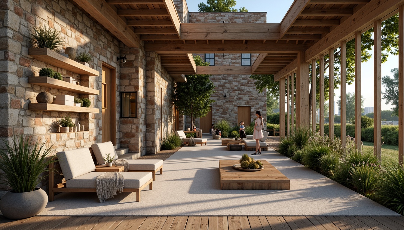 Prompt: Rough stone walls, rustic brick facades, wooden accents, natural wood grain, earthy tones, organic forms, irregular shapes, tactile experiences, 3D modeling, realistic renderings, ambient occlusion, soft warm lighting, shallow depth of field, 2/3 composition, modern architecture, sustainable design, eco-friendly materials, green roofs, living walls, urban landscapes, city skylines, industrial heritage, converted warehouses.