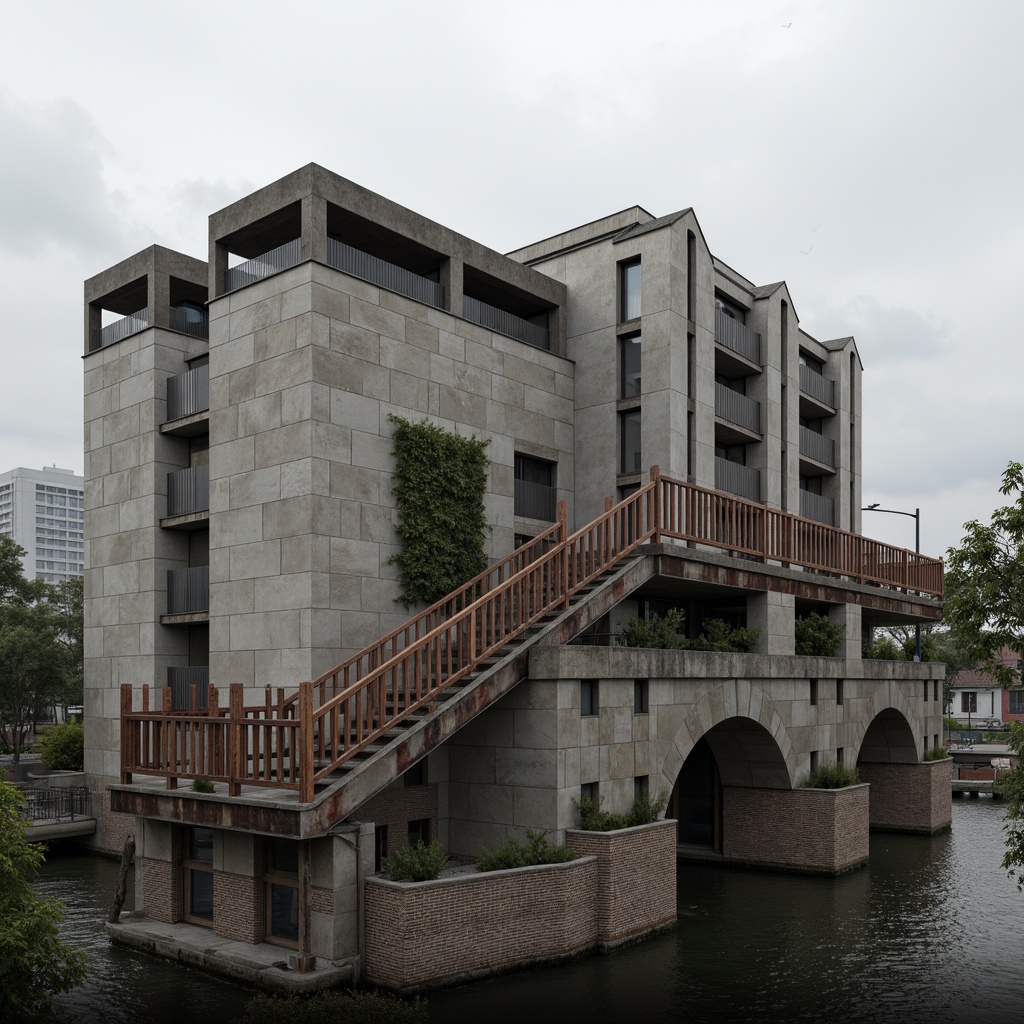 Prompt: Rough-hewn concrete walls, exposed ductwork, industrial metal beams, weathered steel surfaces, raw brick facades, rugged stone foundations, brutalist fortress-like structures, dramatic cantilevered roofs, angular geometric forms, monolithic monumental scale, harsh urban landscapes, overcast skies, diffused natural light, high-contrast shadows, gritty realistic textures, detailed normal maps, ambient occlusion.