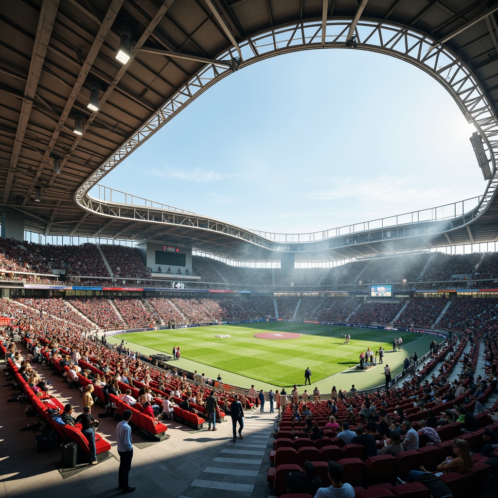 Prompt: Vibrant stadium interior, dynamic seating arrangement, tiered stands, sleek modern architecture, polished concrete floors, bright LED lighting, atmospheric misting systems, lush greenery, natural stone walls, curved lines, open concourses, spacious walkways, panoramic views, shallow depth of field, 3/4 composition, realistic textures, ambient occlusion, energetic crowd atmosphere, warm sunny day, soft warm lighting.