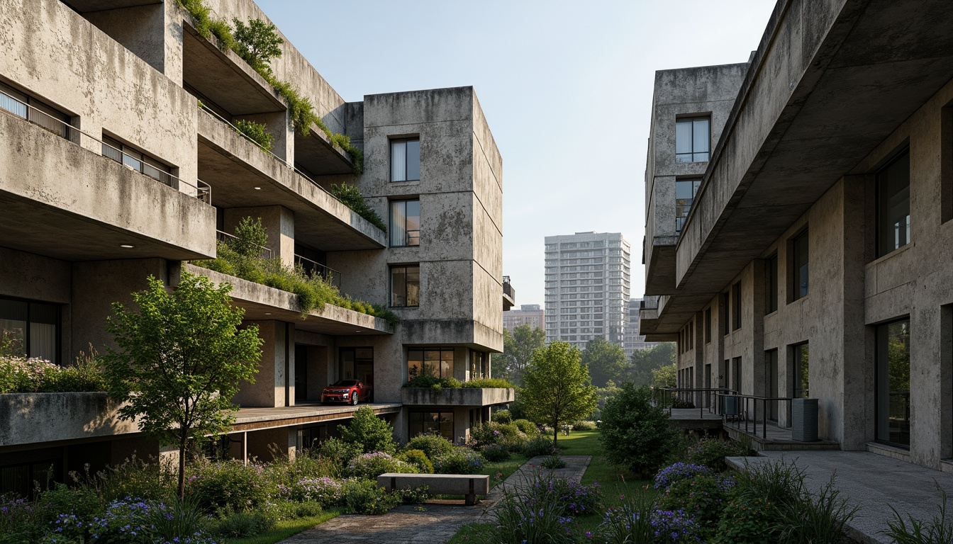 Prompt: Rugged brutalist buildings, raw concrete textures, fortress-like structures, overgrown vegetation, wildflowers, moss-covered walls, weathered steel beams, industrial materials, urban landscape integration, cityscape views, elevated walkways, cantilevered sections, dramatic shadows, harsh natural light, 1/1 composition, symmetrical framing, high-contrast lighting, gritty realistic textures, ambient occlusion.