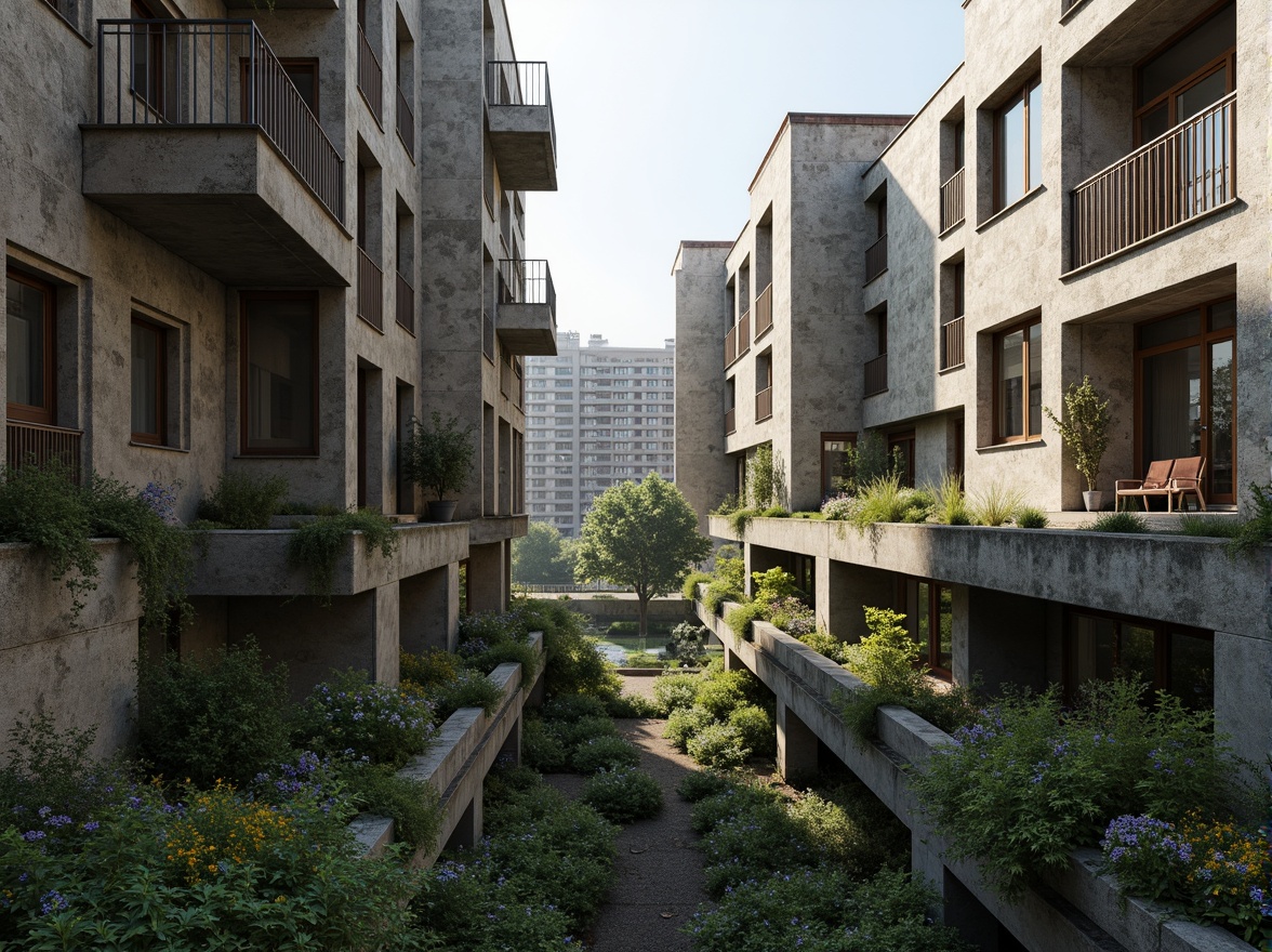 Prompt: Rugged brutalist buildings, raw concrete textures, fortress-like structures, overgrown vegetation, wildflowers, moss-covered walls, weathered steel beams, industrial materials, urban landscape integration, cityscape views, elevated walkways, cantilevered sections, dramatic shadows, harsh natural light, 1/1 composition, symmetrical framing, high-contrast lighting, gritty realistic textures, ambient occlusion.