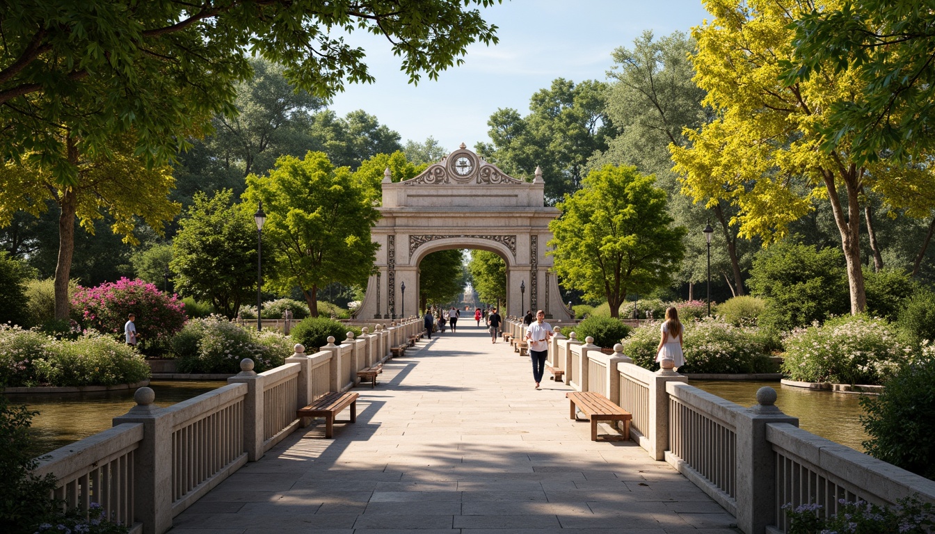 Prompt: Ornate Baroque pedestrian bridge, intricately carved stone balustrades, lush greenery, vibrant flowers, majestic trees, serene water features, gentle streams, rustic wooden benches, natural stone pathways, decorative lampposts, soft warm lighting, shallow depth of field, 3/4 composition, panoramic view, realistic textures, ambient occlusion, romantic atmosphere, whimsical details, elegant curves, ornamental metalwork, grandiose architecture, historic charm.