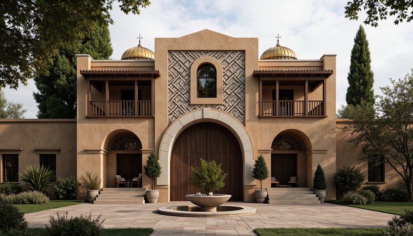 Prompt: Rustic barn facade, Byzantine-inspired architecture, ornate stone carvings, intricate mosaics, golden domes, grand archways, ornamental columns, weathered wooden accents, earthy color palette, natural stone textures, lush greenery, overcast sky, soft warm lighting, shallow depth of field, 1/1 composition, realistic render, ambient occlusion.