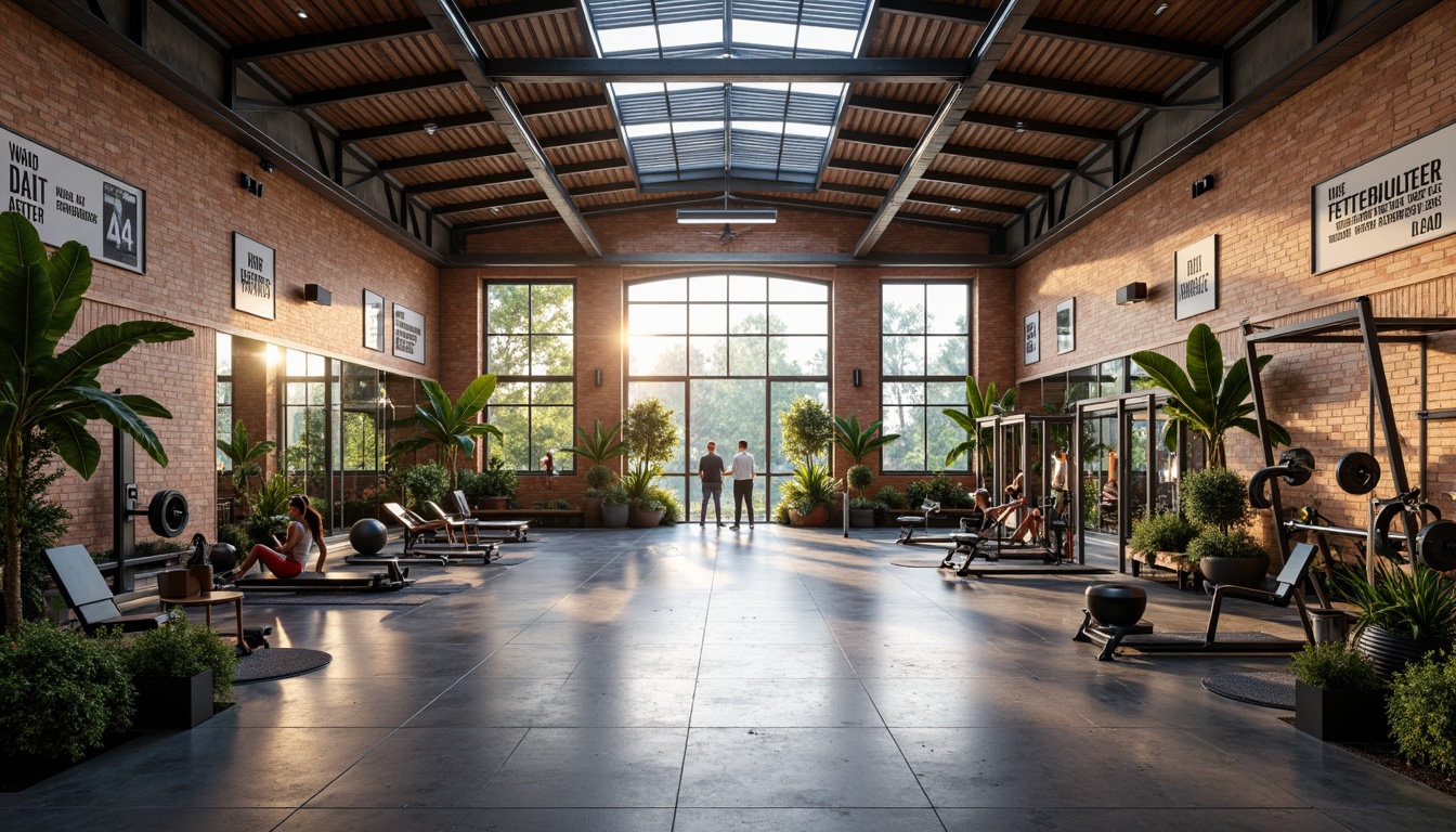 Prompt: Vibrant metabolism-inspired gymnasium, natural light pouring in, industrial-style metal beams, reclaimed wood accents, exposed brick walls, modern fitness equipment, free weights, exercise machines, mirrored walls, motivational quotes, greenery-filled planters, minimalist decor, high ceilings, large windows, soft warm lighting, shallow depth of field, 3/4 composition, panoramic view, realistic textures, ambient occlusion.