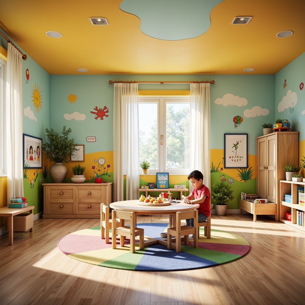 Prompt: Vibrant kindergarten interior, playful color scheme, bright primary colors, soft pastel hues, whimsical illustrations, educational wall decals, interactive learning tools, wooden furniture, rounded edges, safety flooring, natural light, warm atmosphere, cozy reading nooks, circular tables, tiny chairs, colorful rugs, stimulating textures, shallow depth of field, 1/1 composition, realistic renderings, ambient occlusion.