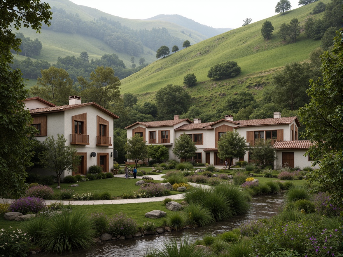 Prompt: Rustic village, rolling hills, lush greenery, meandering streams, traditional vernacular architecture, earthy tones, natural stone walls, wooden accents, curved lines, organic forms, blending with surroundings, seamless integration, harmonious coexistence, soft warm lighting, misty atmosphere, shallow depth of field, 1/1 composition, realistic textures, ambient occlusion.