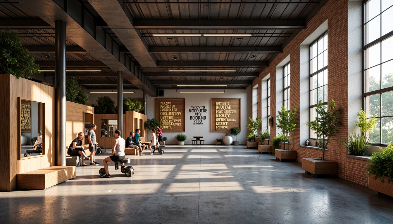 Prompt: Vibrant metabolism-inspired gymnasium, natural light pouring in, industrial-style metal beams, reclaimed wood accents, exposed brick walls, modern fitness equipment, free weights, exercise machines, mirrored walls, motivational quotes, greenery-filled planters, minimalist decor, high ceilings, large windows, soft warm lighting, shallow depth of field, 3/4 composition, panoramic view, realistic textures, ambient occlusion.