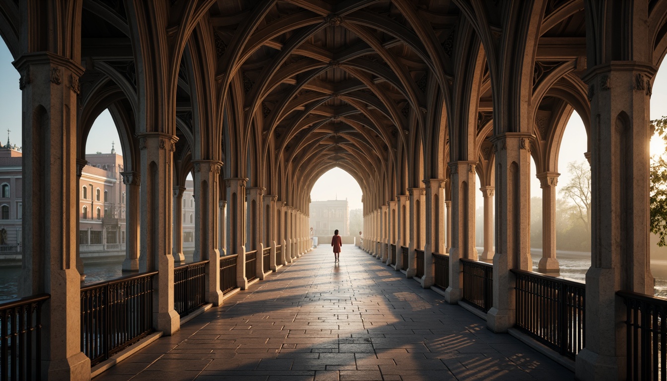 Prompt: Grand pedestrian bridge, Gothic archways, ornate stone carvings, ribbed vaults, pointed arches, flying buttresses, intricate tracery, stained glass windows, mystical ambiance, misty morning light, soft warm glow, shallow depth of field, 1/2 composition, symmetrical framing, realistic textures, ambient occlusion.