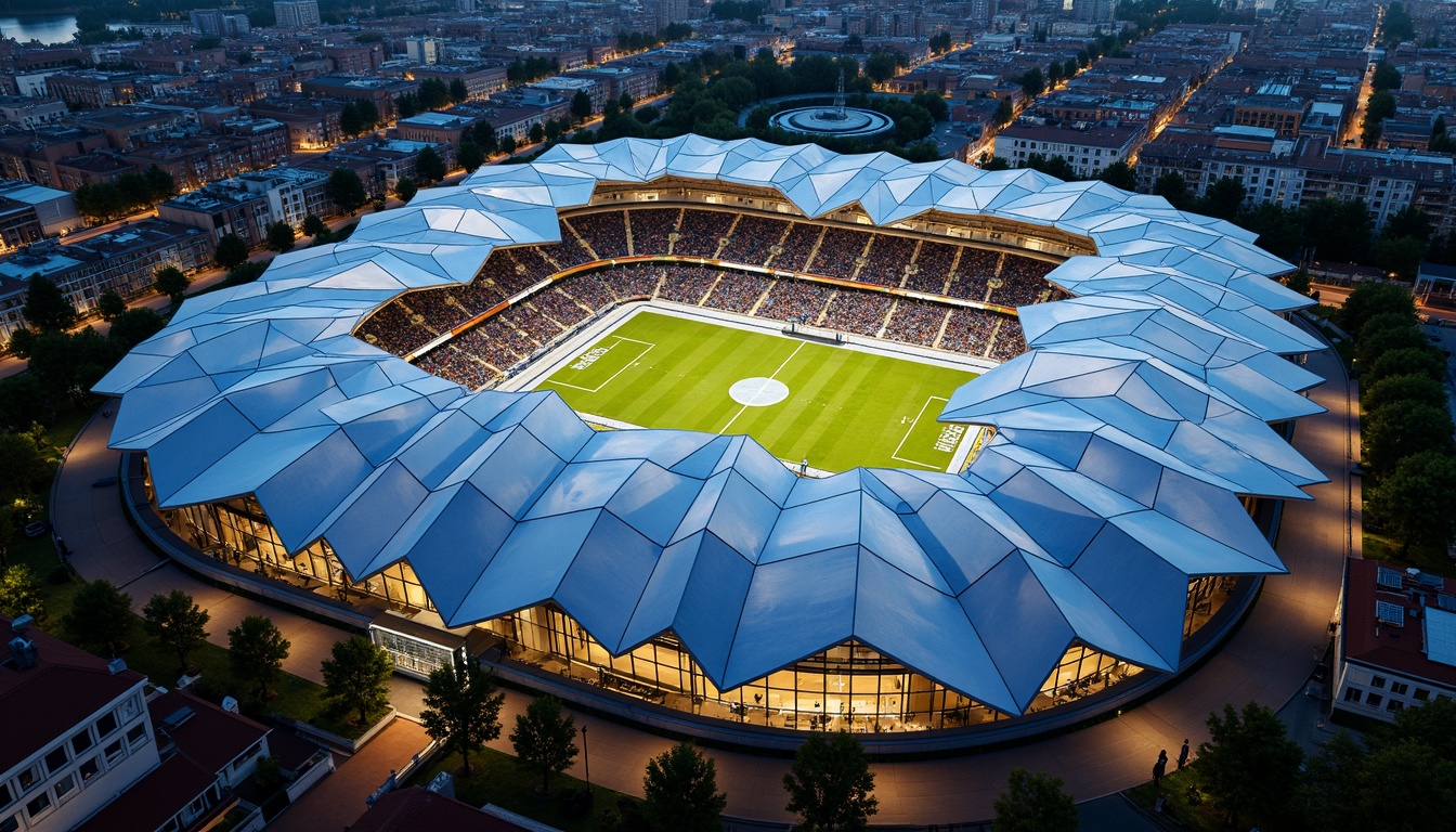 Prompt: Futuristic football stadium, dynamic curves, cantilevered roofs, translucent canopies, iridescent cladding, parametric design, sustainable materials, recycled plastics, low-carbon concrete, green roofs, living walls, urban landscape, vibrant cityscape, dramatic nighttime lighting, 3/4 composition, shallow depth of field, realistic textures, ambient occlusion.