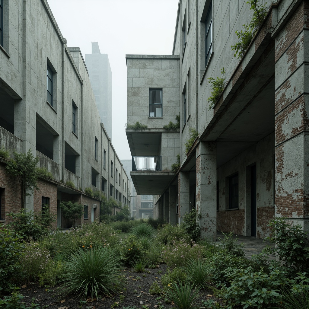 Prompt: Rugged brutalist architecture, raw concrete textures, fortress-like structures, overgrown vegetation, wildflowers, moss-covered walls, industrial landscapes, abandoned factories, crumbling brick facades, distressed metal accents, urban decay, post-apocalyptic atmosphere, dramatic lighting, low-angle shots, cinematic composition, gritty realistic renderings, atmospheric fog effects, misty mornings, eerie silence.