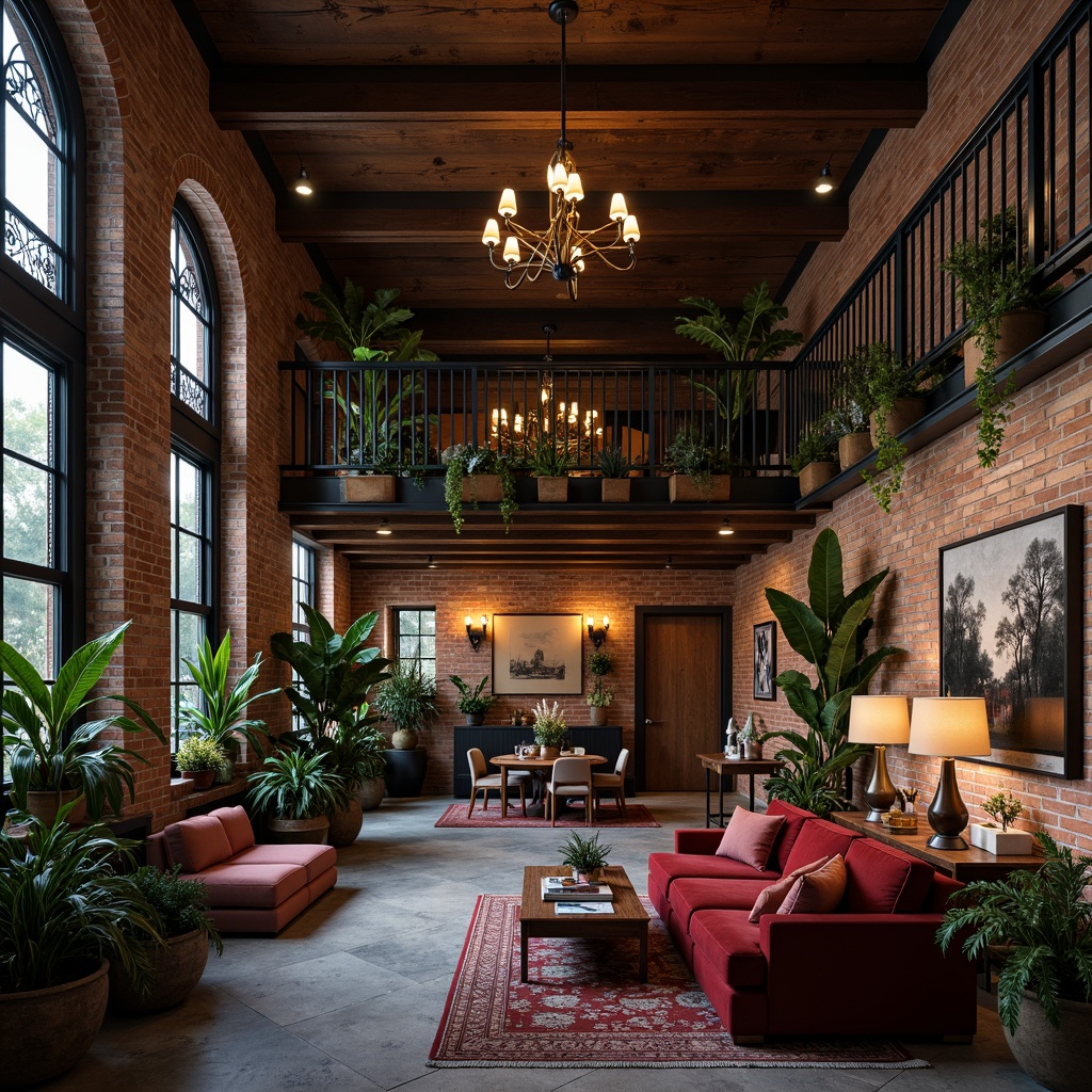 Prompt: Exposed brick walls, distressed wooden beams, industrial metal frames, vintage decorative windows, ornate ironwork balconies, soft warm lighting, romantic candlelit ambiance, lush greenery, overflowing flower boxes, eclectic art pieces, reclaimed wood accents, rustic stone floors, cozy reading nooks, plush velvet furnishings, rich jewel-toned color palette, dramatic high ceilings, open-plan living spaces, minimalist modern furniture, artistic sculptural elements, atmospheric misty morning, warm golden hour lighting, shallow depth of field, 1/1 composition, intimate close-up shots, realistic textures, ambient occlusion.