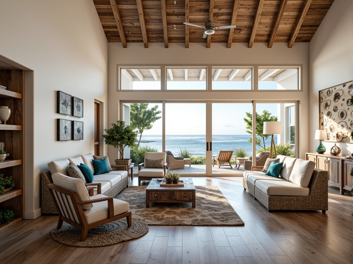 Prompt: Coastal living room, ocean-inspired color palette, driftwood accents, natural textiles, woven sea grass furniture, coral-patterned rugs, shell-adorned decorative walls, floor-to-ceiling windows, sliding glass doors, panoramic ocean views, soft warm lighting, beachy ambiance, minimalist decor, nautical-themed accessories, distressed wood flooring, plush sectional sofas, built-in shelving units, tropical plants, calming atmosphere, 1/1 composition, realistic reflections, ambient occlusion.