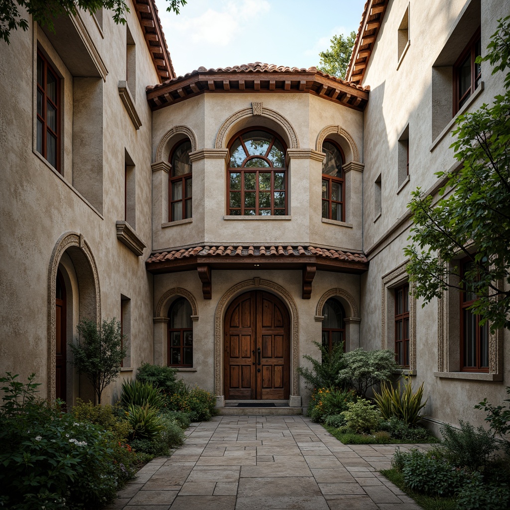 Prompt: Rustic monastery facade, distressed stone walls, ornate wooden doors, stained glass windows, intricate carvings, asymmetrical composition, bold color contrasts, playful use of arches, irregular shapes, eclectic mix of materials, weathered copper accents, lush greenery, misty morning atmosphere, soft warm lighting, shallow depth of field, 1/1 composition, realistic textures, ambient occlusion.