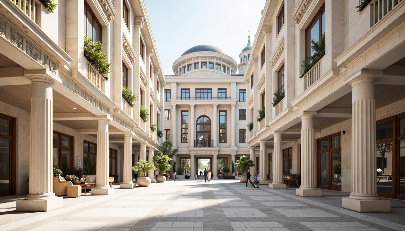 Prompt: Elegant classical buildings, ornate columns, carved stone facades, grand entranceways, symmetrical compositions, neutral color palette, creamy whites, soft grays, warm beiges, rich wood tones, polished marble floors, intricate moldings, decorative cornices, ornamental balustrades, subtle texture variations, natural light illumination, soft shadows, 1/1 composition, realistic renderings, ambient occlusion.