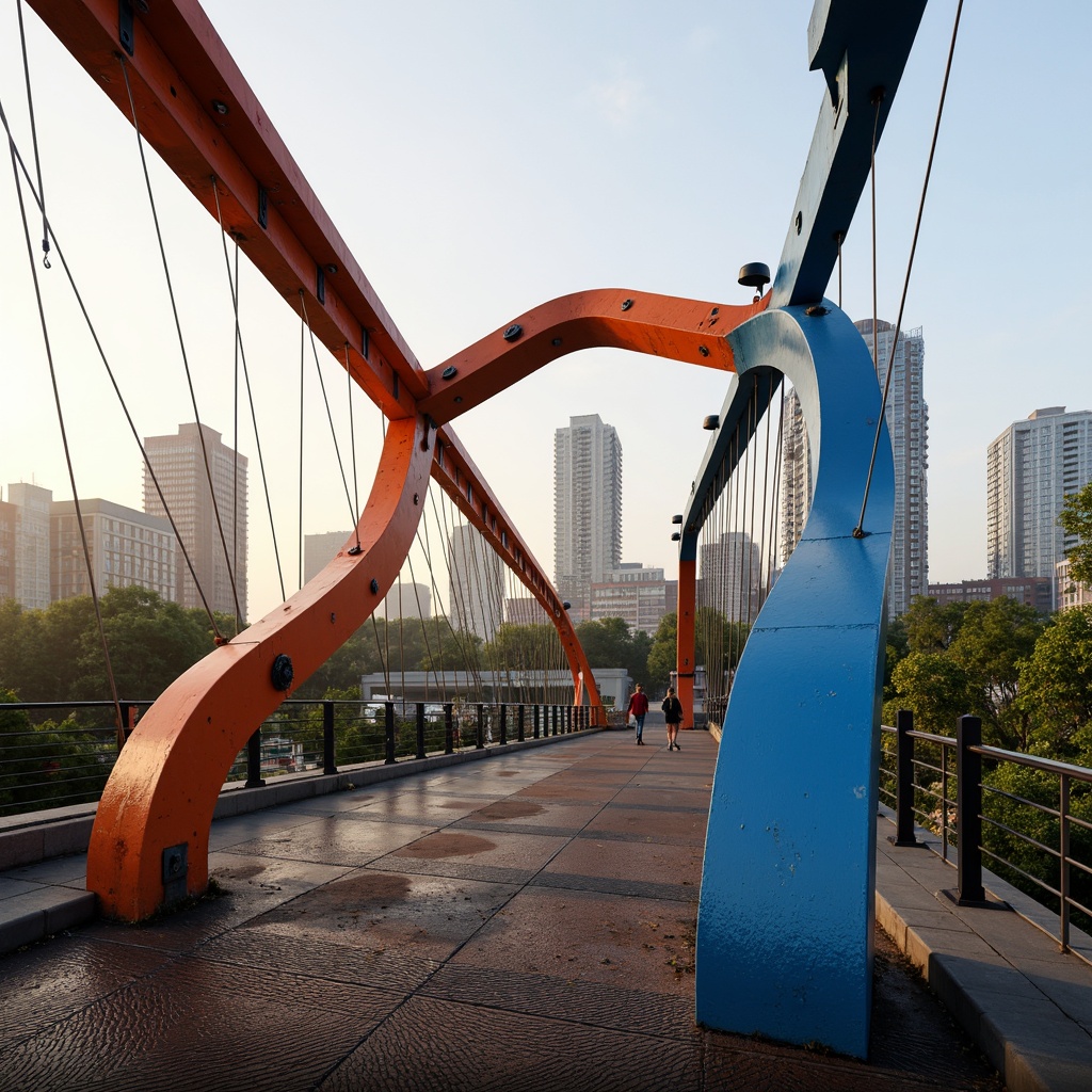 Prompt: Vibrant fusion architecture, curved bridge structures, steel beams, suspension cables, modern urban landscape, city skyline, misty morning atmosphere, soft warm lighting, shallow depth of field, 3/4 composition, panoramic view, realistic textures, ambient occlusion, bold color palette, bright blue accents, deep orange hues, metallic silver tones, rich brown wood textures, sleek glass railings, intricate metal latticework.