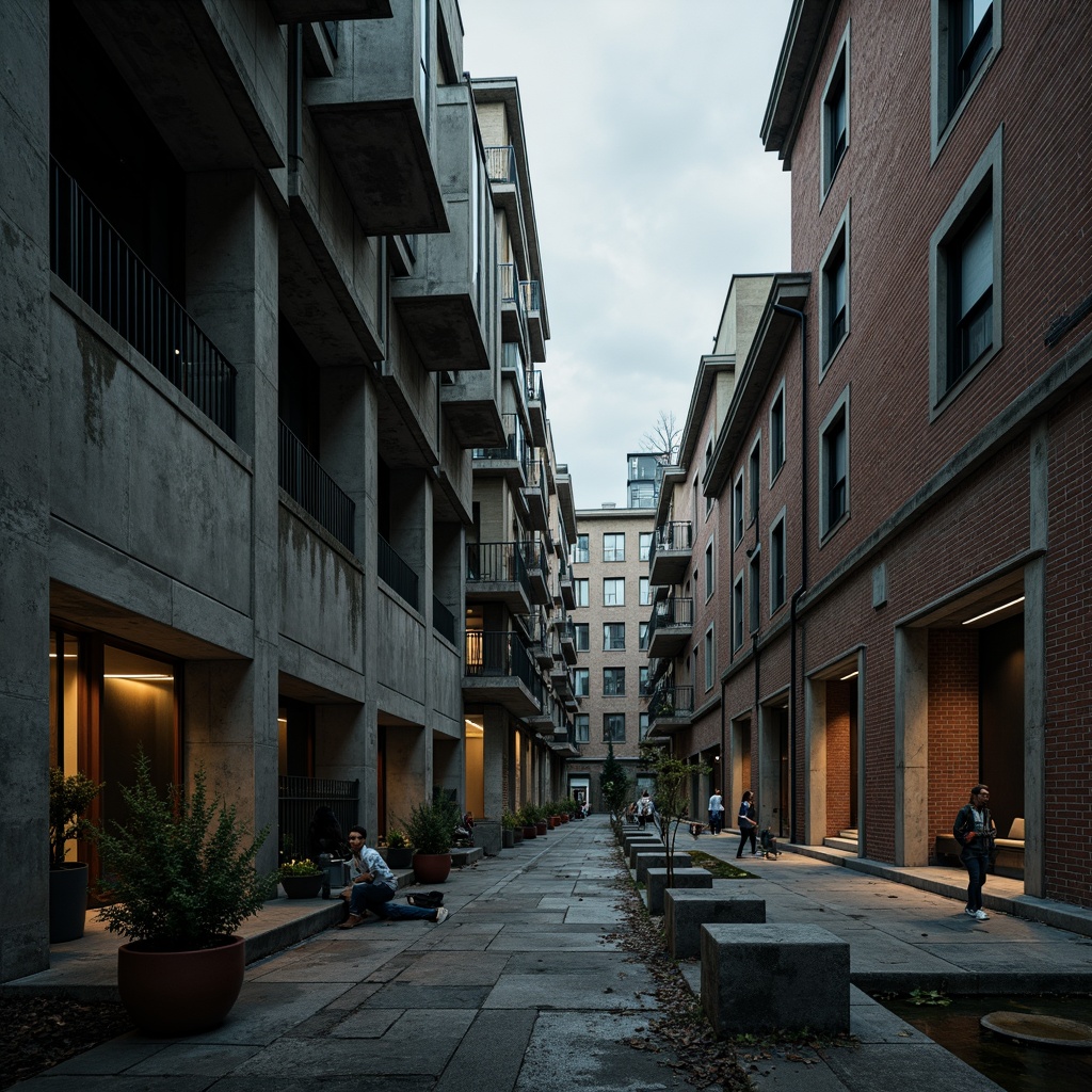 Prompt: Rough concrete walls, exposed ductwork, industrial metal beams, raw brick facades, weathered stone surfaces, distressed wood accents, brutalist monumentality, fortress-like structures, urban cityscape, overcast skies, dramatic shadows, high-contrast lighting, cinematic composition, gritty realistic textures, ambient occlusion.