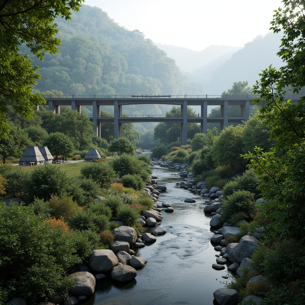 Prompt: Curved bridge silhouette, harmonious landscape integration, lush greenery, meandering waterways, natural stone foundations, sleek modern architecture, fusion of structural elements, dynamic lighting effects, misty atmospheric conditions, shallow depth of field, 1/2 composition, panoramic view, realistic textures, ambient occlusion, vibrant colorful accents, intricate geometric patterns, innovative material usage, sustainable design principles.