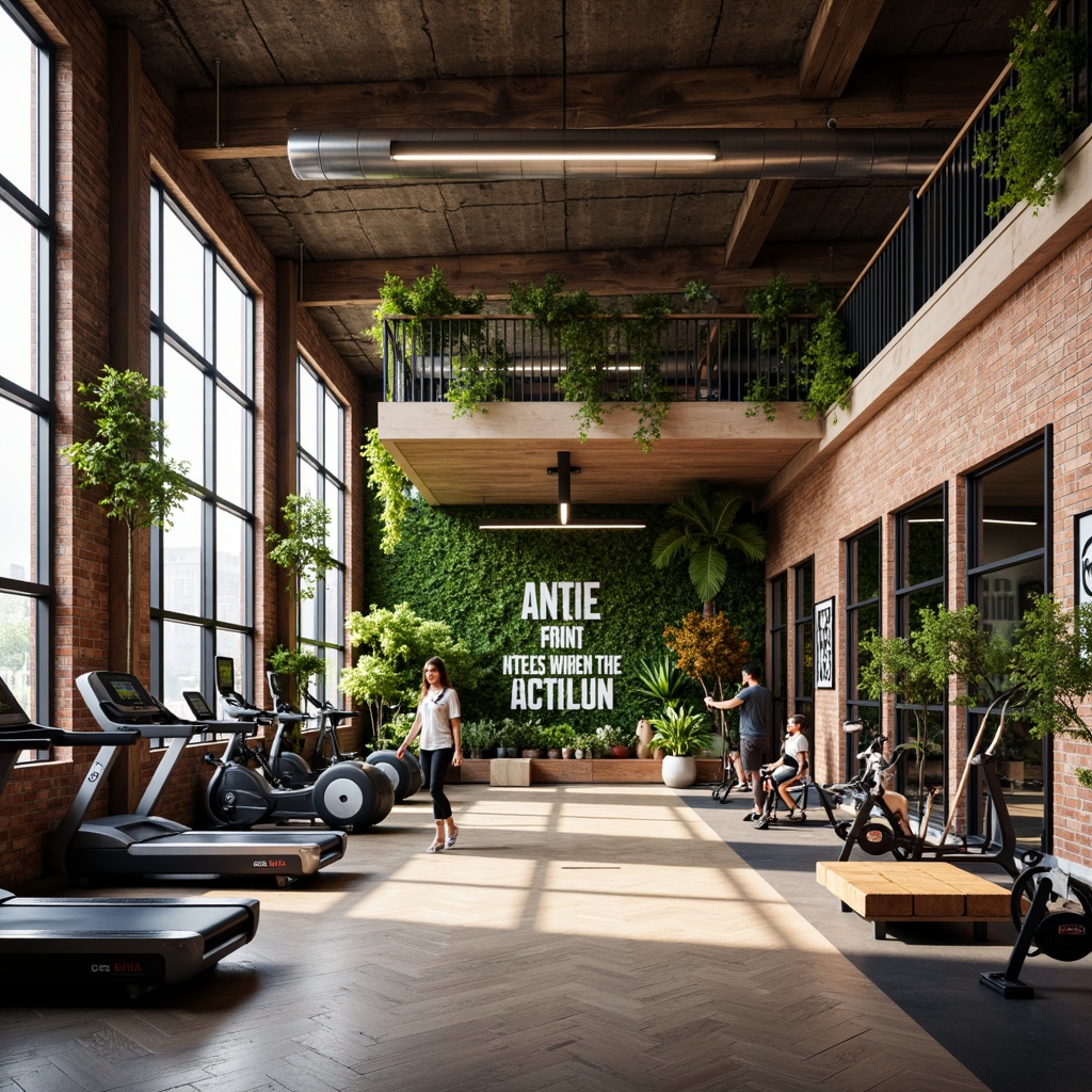 Prompt: Vibrant gym interior, metabolism-inspired design, natural light pouring in, large windows, industrial metal beams, reclaimed wood accents, exposed brick walls, modern fitness equipment, free weights, treadmills, exercise bikes, motivational quotes, greenery walls, living plants, earthy tones, warm color scheme, high ceilings, open spaces, minimal decor, functional layout, softbox lighting, shallow depth of field, 1/1 composition, realistic textures, ambient occlusion.