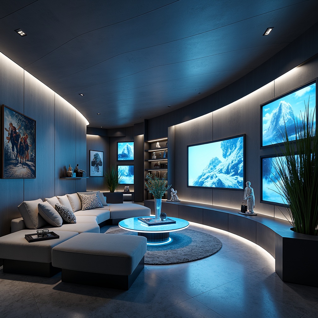 Prompt: Futuristic living room, sleek metallic walls, minimalist decor, curved lines, holographic displays, ambient lighting, smart home systems, automated furniture, hidden storage compartments, levitating shelves, transparent glass tables, neon-lit floors, virtual reality zones, 3D-printed decorative elements, high-tech gadgets, futuristic sculptures, abstract artwork, soft glowing accents, shallow depth of field, 1/1 composition, panoramic view, realistic textures, ambient occlusion.