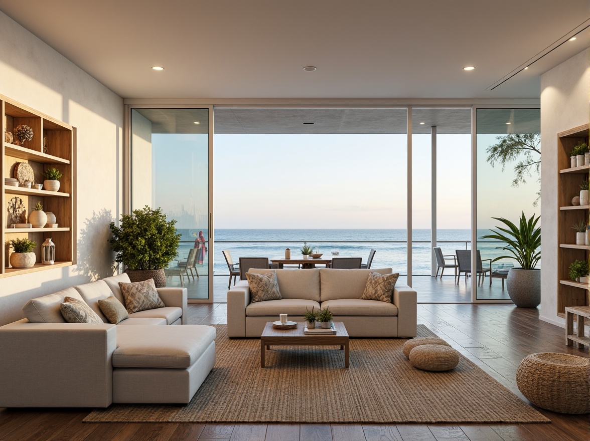 Prompt: Coastal living room, ocean-inspired color palette, driftwood accents, natural textiles, woven sea grass furniture, coral-patterned rugs, shell-adorned decorative walls, floor-to-ceiling windows, sliding glass doors, panoramic ocean views, soft warm lighting, beachy ambiance, minimalist decor, nautical-themed accessories, distressed wood flooring, plush sectional sofas, built-in shelving units, tropical plants, calming atmosphere, 1/1 composition, realistic reflections, ambient occlusion.