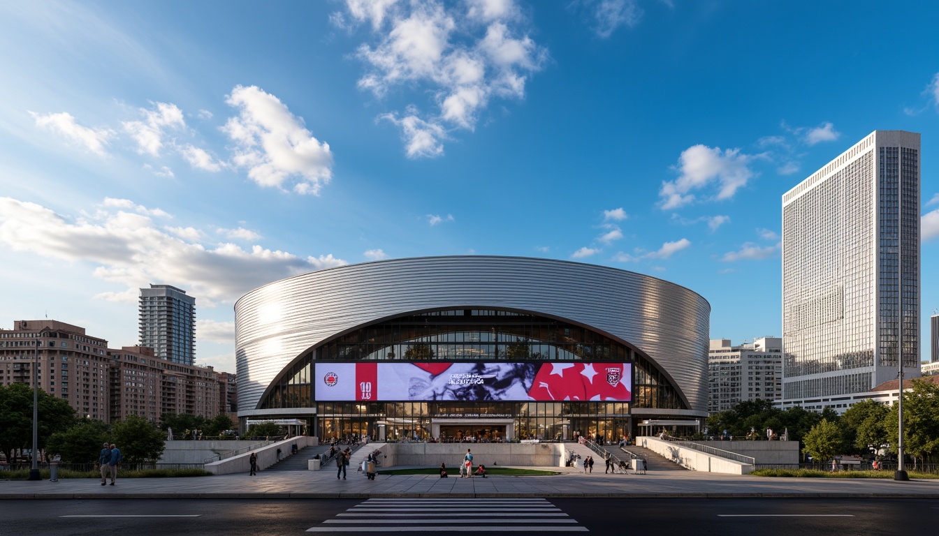 Prompt: Sleek stadium fa\u00e7ade, curved lines, aerodynamic shapes, metallic materials, reflective surfaces, modernist architecture, grand entrance gates, electronic scoreboards, vibrant LED lighting, dynamic shading systems, cantilevered roofs, open-air concourses, urban cityscape backdrop, clear blue sky, dramatic cloud formations, low-angle sunlight, high-contrast shadows, 1/2 composition, symmetrical framing, cinematic camera angles, realistic reflections, ambient occlusion.