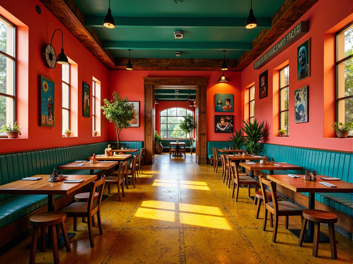 Prompt: Vibrant restaurant interior, expressionist art style, bold color palette, warm golden lighting, rich wood accents, eclectic furniture, abstract artwork, geometric patterns, bright coral walls, deep turquoise ceilings, sunny yellow floors, distressed metal decorations, reclaimed wood textures, industrial chic atmosphere, dramatic shadows, high contrast ratio, 1/2 composition, cinematic lighting, realistic reflections.