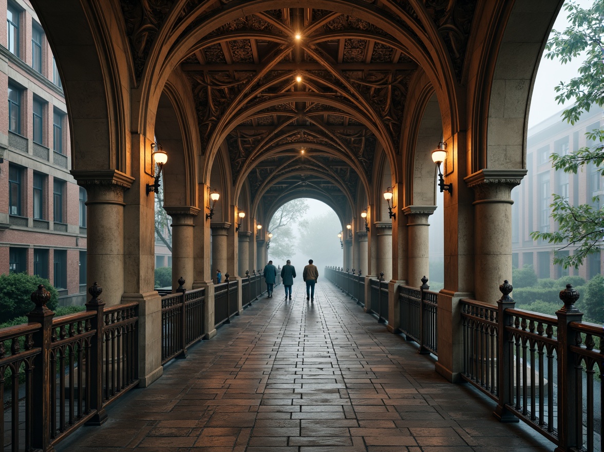 Prompt: Grand pedestrian bridge, Gothic archways, ornate stone carvings, ribbed vaults, pointed arches, flying buttresses, intricate tracery, stained glass windows, majestic piers, weathered bronze railings, mystical lanterns, misty atmosphere, soft warm lighting, shallow depth of field, 3/4 composition, panoramic view, realistic textures, ambient occlusion.