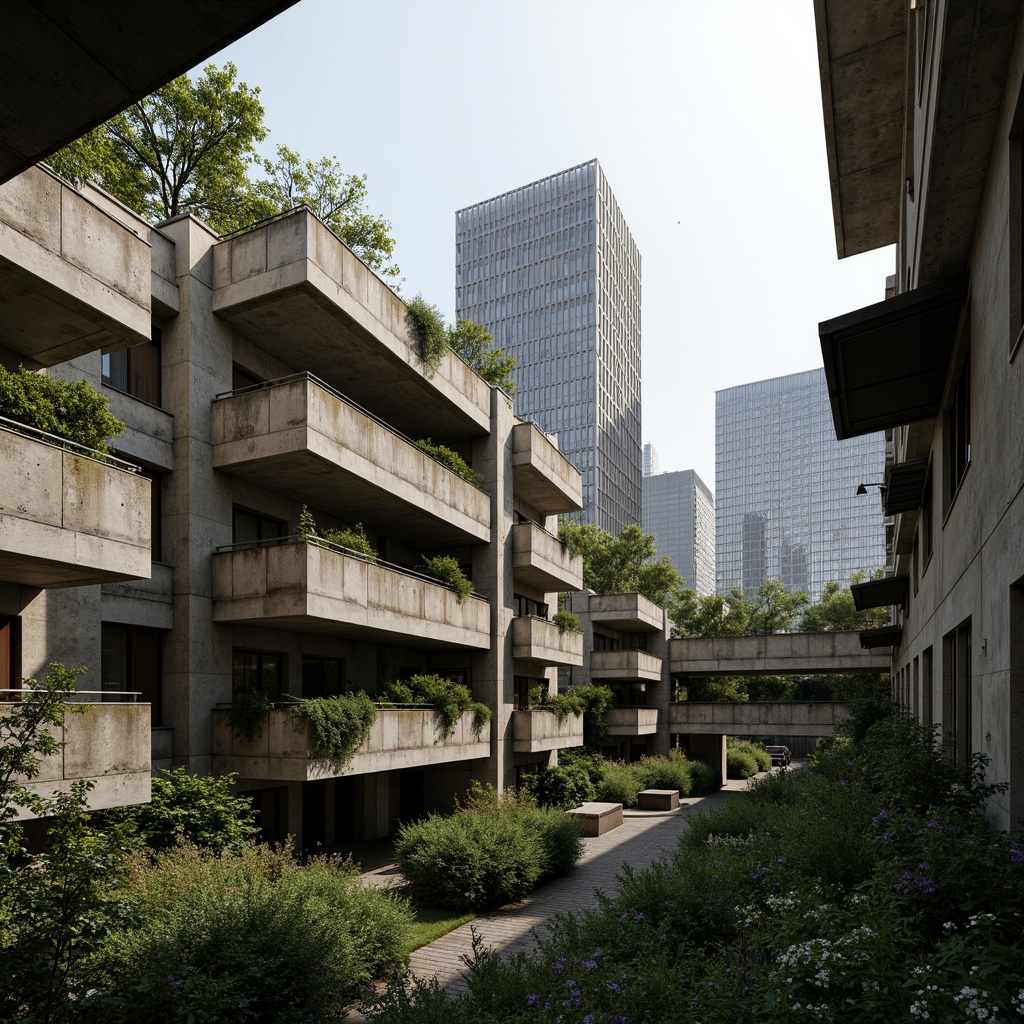 Prompt: Rugged brutalist buildings, raw concrete textures, fortress-like structures, overgrown vegetation, wildflowers, moss-covered walls, weathered steel beams, industrial materials, urban landscape integration, cityscape views, elevated walkways, cantilevered sections, dramatic shadows, harsh natural light, 1/1 composition, symmetrical framing, high-contrast lighting, gritty realistic textures, ambient occlusion.