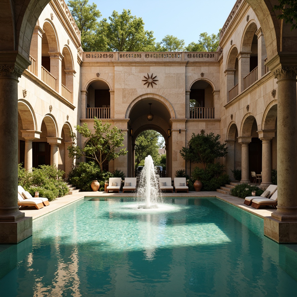 Prompt: Romanesque swimming pool, natural stone walls, ornate carvings, grand archways, turquoise water, gentle ripples, central fountain, splashing water features, lush greenery, surrounding columns, rustic lanterns, warm sunny day, soft golden lighting, shallow depth of field, 1/1 composition, symmetrical view, realistic textures, ambient occlusion.