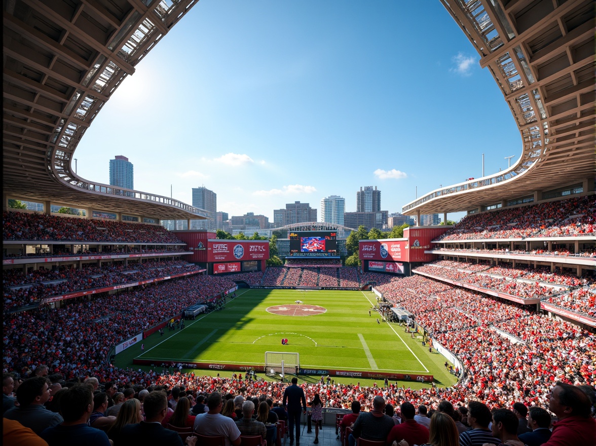 Prompt: Vibrant football stadium, energetic crowd, bold team colors, dynamic LED lighting, sleek modern architecture, angular lines, metallic materials, lush green grass, athletic track, scoreboard displays, goalposts, stadium seating, VIP lounges, concession stands, urban cityscape, sunny day, dramatic shadows, high-contrast lighting, 1/2 composition, realistic textures, ambient occlusion.