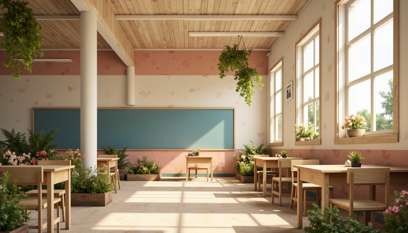 Prompt: Whimsical elementary school, soft pastel colors, creamy whites, warm beige tones, gentle peach hues, sky blue accents, playful polka dots, rustic wooden textures, vintage chalkboard details, distressed brick walls, lush greenery, blooming flowers, sunny afternoon, warm golden lighting, shallow depth of field, 1/1 composition, intimate close-ups, realistic textures, ambient occlusion.