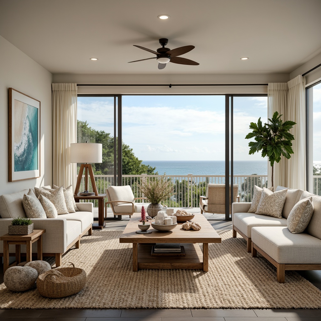 Prompt: Coastal living room, ocean-inspired color palette, driftwood accents, natural textiles, woven sea grass rugs, shell-adorned decorative pieces, floor-to-ceiling windows, sliding glass doors, beachy vibe, soft warm lighting, 1/1 composition, shallow depth of field, realistic wood textures, ambient occlusion, modern minimalist furniture, plush sectional sofas, reclaimed wood coffee tables, nautical-themed artwork, coral-patterned throw pillows, sea salt-scented candles, calming atmosphere.