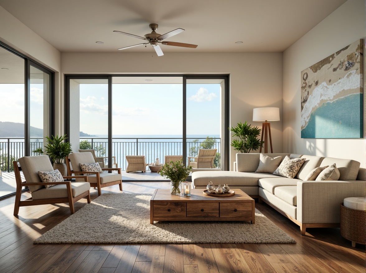 Prompt: Coastal living room, ocean-inspired color palette, driftwood accents, natural textiles, woven sea grass rugs, shell-adorned decorative pieces, floor-to-ceiling windows, sliding glass doors, beachy vibe, soft warm lighting, 1/1 composition, shallow depth of field, realistic wood textures, ambient occlusion, modern minimalist furniture, plush sectional sofas, reclaimed wood coffee tables, nautical-themed artwork, coral-patterned throw pillows, sea salt-scented candles, calming atmosphere.