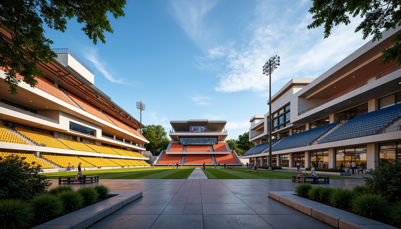 Prompt: Vibrant stadium interior, dynamic seating arrangement, tiered stands, sleek modern architecture, polished concrete floors, bright LED lighting, atmospheric misting systems, lush greenery, natural stone walls, curved lines, open concourses, spacious walkways, panoramic views, shallow depth of field, 3/4 composition, realistic textures, ambient occlusion, energetic crowd atmosphere, warm sunny day, soft warm lighting.