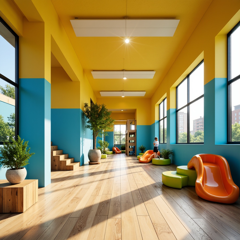 Prompt: Vibrant kindergarten, modernist architecture, bold color blocking, bright yellow walls, sky blue accents, lime green furniture, orange playground equipment, geometric shapes, minimalist decor, natural wood textures, large windows, sliding glass doors, abundant natural light, soft warm lighting, shallow depth of field, 3/4 composition, panoramic view, realistic textures, ambient occlusion.