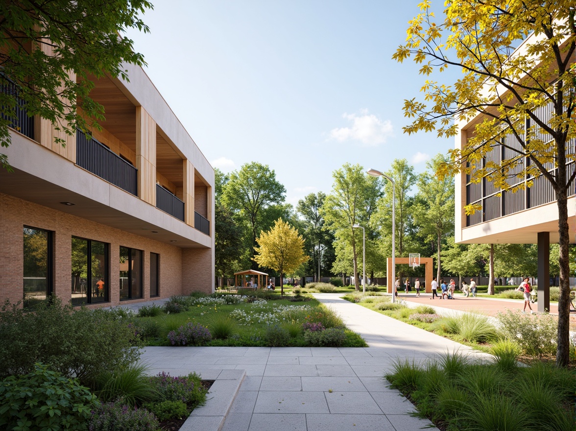 Prompt: Vibrant gymnasium courtyard, lush greenery, natural stone walls, wooden accents, modern architecture, large windows, glass doors, blooming trees, sunny day, soft warm lighting, shallow depth of field, 3/4 composition, panoramic view, realistic textures, ambient occlusion, outdoor fitness equipment, jogging tracks, sports fields, basketball courts, tennis courts, integrated landscape design, eco-friendly materials, sustainable energy solutions, rainwater harvesting systems, green roofs, innovative cooling technologies, shaded outdoor spaces, misting systems.